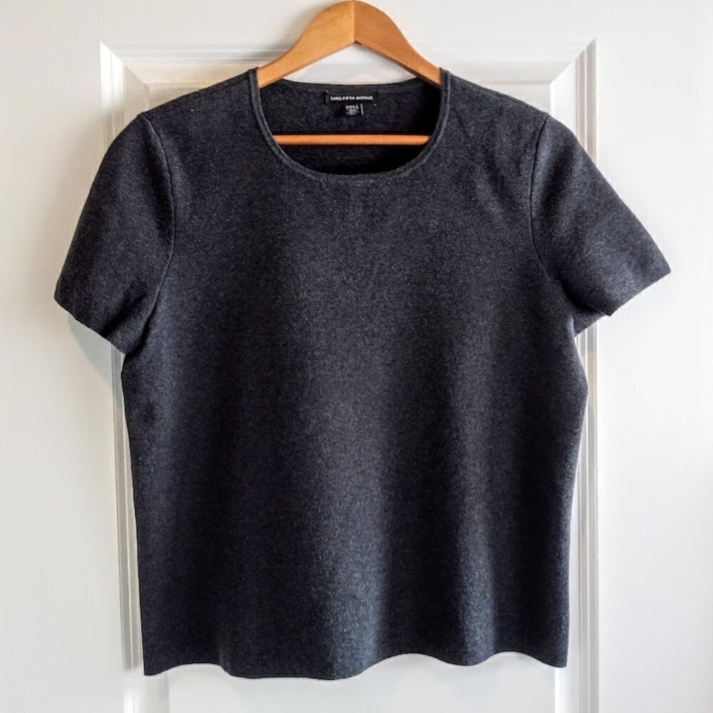 Saks Fifth Avenue Black Label Grey Cotton Short Sleeve Knit Top